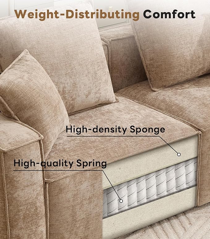 WILLOVE 109'' Modular Sectional Sofa, Chenille Cloud Couch with Wide Armrests & 5 Pillows, Deep Seat Couches for Living Room, Khaki