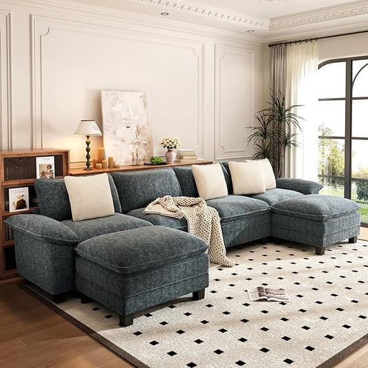 PHI VILLA Cloud Modular Couch Sets, 157.5" Sectional Sofa with U-Shaped Chaise, 6-Seater Couches with Movable Ottomans for Living Room, Chenille Fabric, Dark Cyan