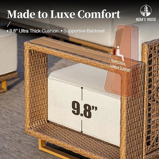 HERA'S HOUSE Patio Furniture, Outdoor Rattan Wicker Armchair, All Weather Patio Conversation Set with 5.3" Widened Armrest, 10" Ultra Thick Comfy Sponge Cushion, Patio Couch for Garden Backyard