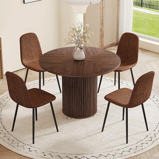5 Piece Dining Table Set, 42" Round Dining Table Set for 4 with Storage and Suede Chairs, Round Kitchen Table and Chairs for 4 with Thick Wood Top, Roman Column Pedestal, Space-Saving