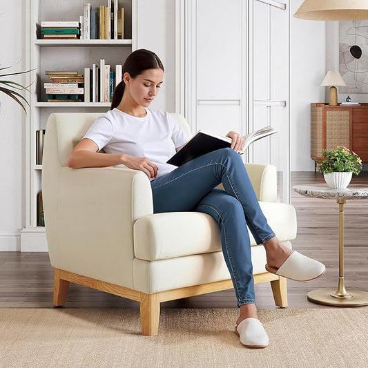 LINSY Accent Chair, Large Reading Chair with Rubberwood Base, Mid Century Modern Armchair with Lumbar Pillow, Cozy Single Sofa Chair for Living Room Bedroom Office Study, Velvet Arm Chair, Beige