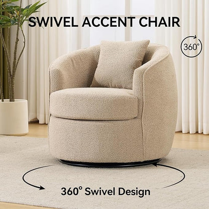 Swivel Accent Chair Set, Modern Upholstered Boucle Barrel Arm Chairs with Pillow for Living Room, 360 Degree Round Swivel Sherpa Armchair with Round Base for Bedroom Club (2, Light Brown)