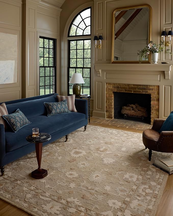 Loloi Chris Loves Julia Dorothea Collection DRT-02 Khaki/Dove 8'-6" x 11'-6" Area Rug Wool Neutral Floral Living Room Bedroom Carpet