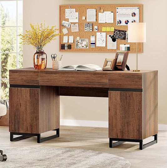 WAMPAT 59" Modern Executive Desk with Drawers, Home Office Computer Desk with Charging Station, File Drawer, Storage Cabinet, Wood Writing Desk for Work and Study, Dark Brown