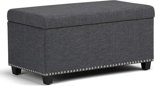 SIMPLIHOME Amelia 33 inch Wide Transitional Rectangle Storage Ottoman Bench in Slate Grey Linen Look Fabric, Assembled, For the Living Room, Entryway and Family Room