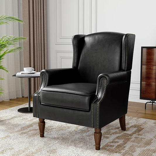 Faux Leather Wingback Accent Chair, High Back Upholstered Armchair, Comfy Fabric Wingback Arms Chairs with Solid Wood Legs, Single Sofa Reading Chair for Bedroom Living Room, Black