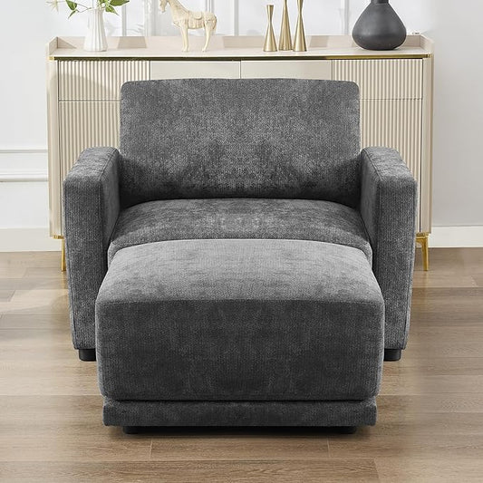 44.2" Chenille Oversized Chair with Movable Ottoman, Modular 1 Seat Couch with Thickened Cushions, Modern Single Sofa Chaise Lounge Reading Chair for Living Room, Small Apartment, Grey