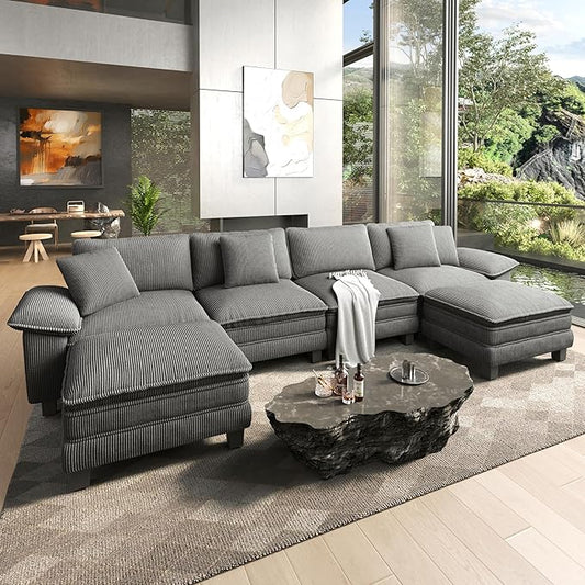 HERA'S HOUSE 158" Modular Sectional Sofa, Oversized U Shaped Couches for Living Room, Comfy Cloud Couch with Ottoman, 6-Seater Deep Seat Sofa with Throw Pillow, Corduroy Grey