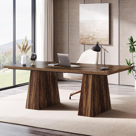 Tribesigns 63-Inch Executive Desk, Large Office Computer Desk with Double Pedestal, Modern Simple Workstations Writing Table Conference Table Business Furniture for Home Office, Rustic Brown