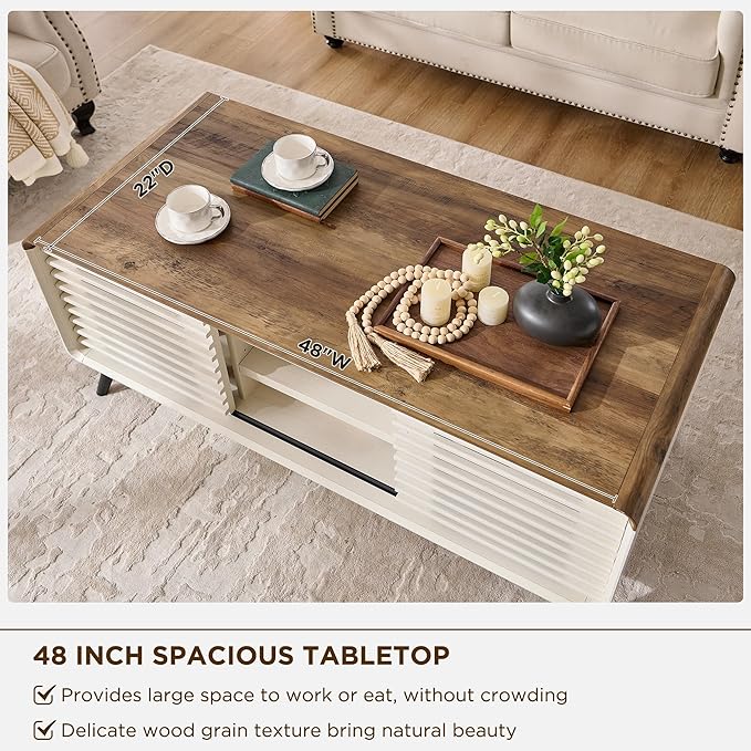 RedLemon 48" Lift top Coffee Table, mid Century Modern Coffee Table with Slatted Sliding Door, Hidden Storage Compartment, 4 Storage Shelves, Center Table for Living Room, Office, Antique White