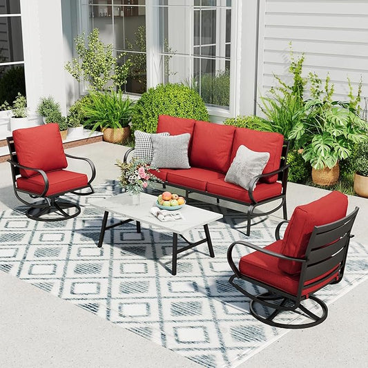 Sophia & William Patio Furniture Sets 5 Seats Outdoor Metal Conversation Sets 4 Pcs with 2 x Cushioned Swivel Sofa Chairs,1 x 3-Seat Sofa, 1x Marbling Metal Coffee Table Lawn Backyard Poolside Red