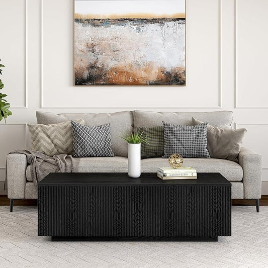 Henn&Hart 48" Fluted Rectangular Low-Profile Coffee Table for Living Room, Family Room, or Office, Black Grain