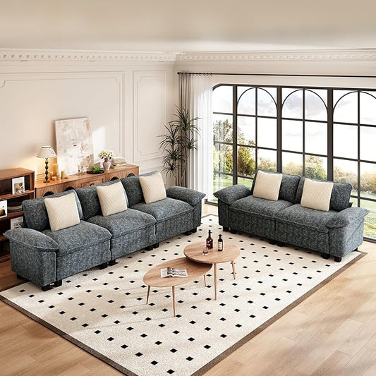 PHI VILLA Cloud Modular Couches Sets, 2 Pieces Comfy Sectional Sofa Set with Loveseat, 5-Seater Upholstered Couch for Living Room, Chenille Fabric, Dark Cyan