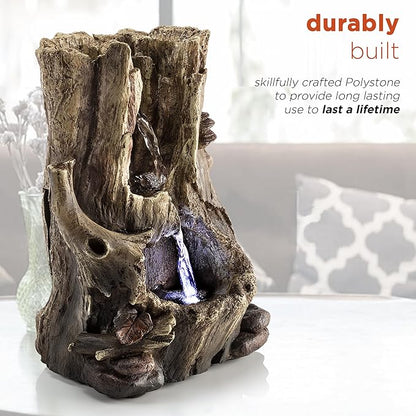 Alpine Corporation WIN326 Indoor Tabletop Light-Up Tiered Rainforest Tree Trunk Water Fountain with LED Lights, 11", Brown