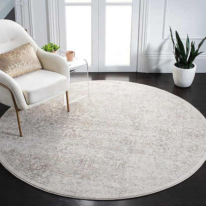 SAFAVIEH Evoke Collection Area Rug - 8' Round, Ivory & Taupe, Distressed Design, Non-Shedding & Easy to Clean, Ideal for Living Room, Bedroom, Dining Space (EVK256E)