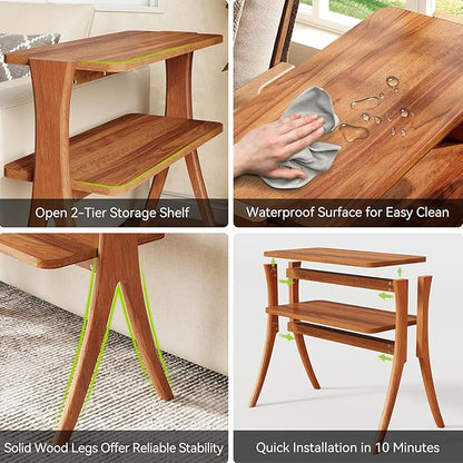 LITTLE TREE Narrow Side Table Set of 2, Small Side Table, 2-Tier Farmhouse End Table with Solid Wood Legs, Space-Saver for Living Room, Bedroom, Entryway (Walnut)