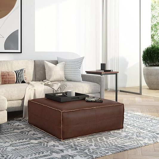 SIMPLIHOME Brody 36-inch Wide Extra Large Square Coffee Table Pouf in Distressed Dark Brown Vegan Faux Leather, Boho-Style Ottoman, Footrest, or Extra Seating for Living Room, Assembled