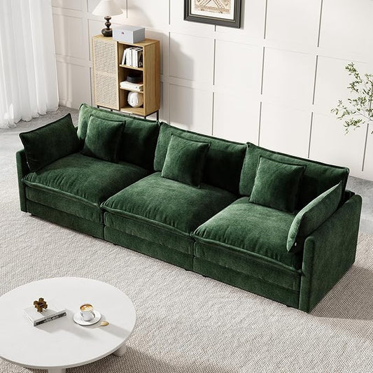 Modular Sectional Sofa, 111.5 Inch I-Shaped Cloud Sofa with Deep Seat Chenille Sofa with Cushions, Three-Self Sectional Sofa for Living Room Apartment,Evergreen
