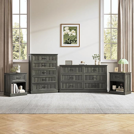 Farmhouse Dresser and Nightstand Sets, 4Pcs Bedroom Furniture Set, Nightstand Set of 2 & 55" Wide 6 Drawer and 44" Tall 5 Drawer Dresser with Large Drawers & Bar Handles, Grey