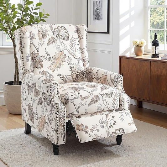 Pushback Recliner Chair, Floral Fabric Wingback Recliner Chair, Upholstered Armchair Push Back Recliner, Rivet Trim Single Sofa Accent Chair with Wood Legs for Living Room, Plants Beige