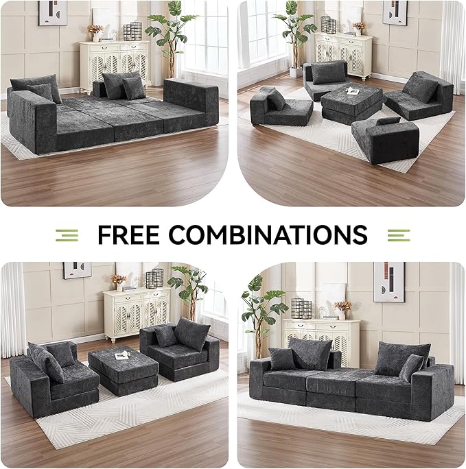 79" Boneless Cloud Loveseat Sofa Couch, Modular Foldable Floor Sofa with Ottoman, Chenille Lounge Convertible Sofa Bed for Living Room, No Assembly, Dark Grey