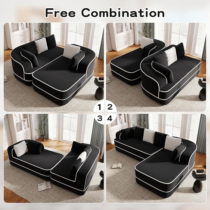 106" Cloud Sectional Sofa, Modern Boneless Couch for Living Room, Deep Seat Comfy Teddy Fabric L Shaped Sofa Chaise, No Assembly Required (Black, 106" L Shape with Right Facing Chaise)
