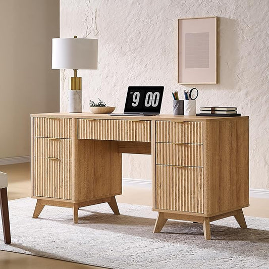 T4TREAM Fluted Executive Desk with Drawers, 60" Modern Home Office Computer Desk with Charging Station, File Cabinet, Keyboard Tray and Storage Cabinet for Study, Living Room, Bedroom, Natural Oak