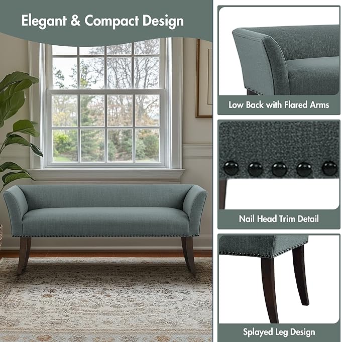 Madison Park Accent Bench, Upholstered with Nailhead Trim, & Padded Seat Entryway Bench Small, End of Bed Bench with Back, 49.5" W x 19.25" D x 23" H, Slate Blue