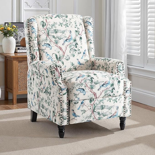 Wingback Recliner Chair, Floral Fabric Pushback Recliner Chair, Upholstered Armchair Push Back Recliner, Rivet Trim Single Sofa Accent Chair with Wood Legs for Living Room, Bird