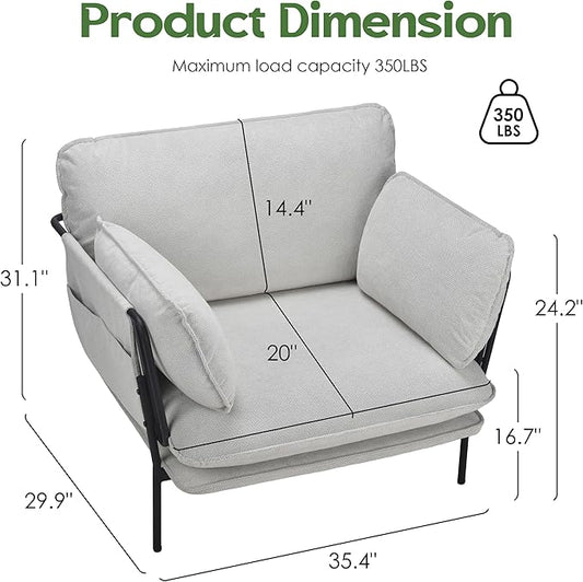 Modern Accent Chair for Living Room, Oversized Reading Chair with Solid Metal Legs, Upholstered Fabric Armchair with Side Pockets and 2 Pillows, Comfy Accent Chairs for Bedroom, Nursery, White