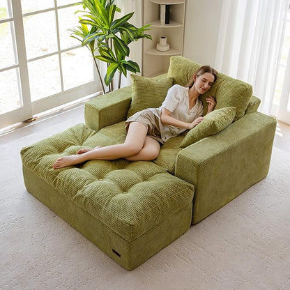 MAXYOYO Modular Sectional Chaise Lounge Sofa, Upholstered Lounge Chair with Ottoman, Comfy Couch with Layered Cushion, Tufted Upholstered Sleeper Chair for Living Room, No Assembly, Green