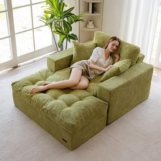 MAXYOYO Modular Sectional Chaise Lounge Sofa, Upholstered Lounge Chair with Ottoman, Comfy Couch with Layered Cushion, Tufted Upholstered Sleeper Chair for Living Room, No Assembly, Green