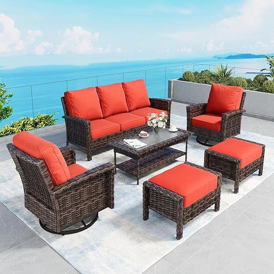 6 Piece Patio Furniture Set with Swivel Chairs, High Back Wicker Rattan Sofa with Extra Thick Cushion, Coffee Table and Ottoman, Outdoor Conversation Set for Backyard Deck,Red