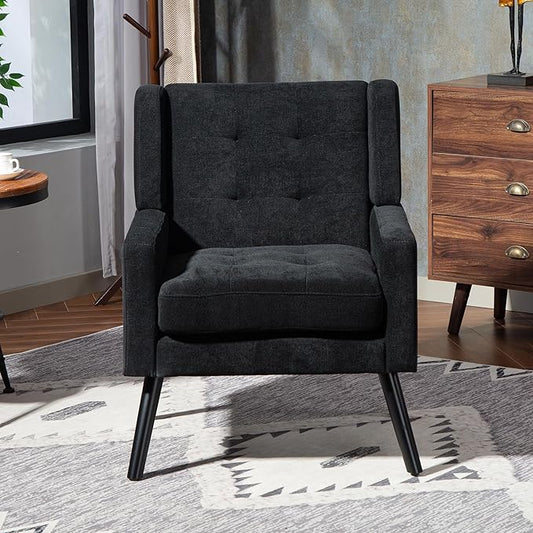 Mid-Century Modern Accent Chair, Plush Linen Fabric with Button Tufted High Back & 5" Thick Cushion, High Comfort Reading Chair for Living Room, Bedroom, Office (Black)