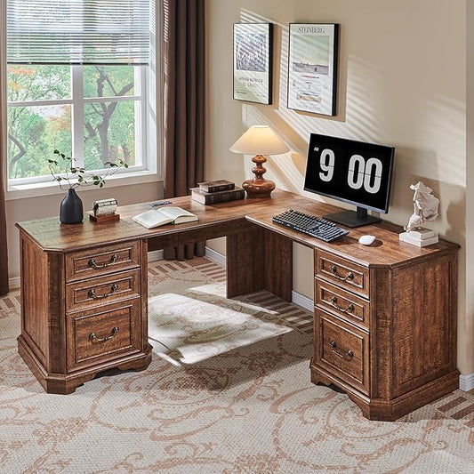 T4TREAM L Shaped Desk with Drawers,59" Farmhouse Wood Home Office Executive Desk,Charging Station,File Drawer, Storage Cabinet,Computer Desk for Work and Study (Reclaimed Barnwood)