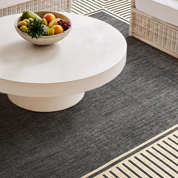nuLOOM 2' x 8' Outdoor Area Rug, Casual Design With Striped Border, Stain Resistant, Highly Durable, For Patio, Balcony, Bedroom, Living Room, Dining Room, Bathroom, Dark Grey