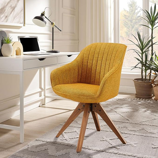 Zouron Mid Century Modern Accent Chair with Wooden Legs, Upholstered Swivel Chair No Wheels, Side Accent Armchair Vanity Chair for Small Space Home Office Living Room Bedroom, Yellow