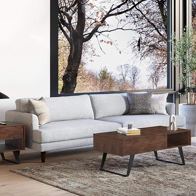 SIMPLIHOME Livingston 90-inch Wide Sofa in Mist Grey Woven-Blend Fabric, Handcrafted Mid-Century Modern Oversized 3-Seater Couch Sofa for Living Room or Family Room, Solid Wood Frame