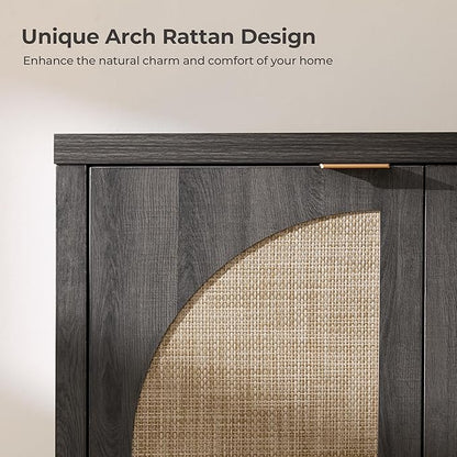 SICOTAS Rattan Sideboard Buffet Cabinet with Storage, Modern Credenza Storage Cabinet with Arch Doors & Adjustable Shelves, Coffee Bar Media Console Cabinets for Kitchen, Living Room, Black Oak