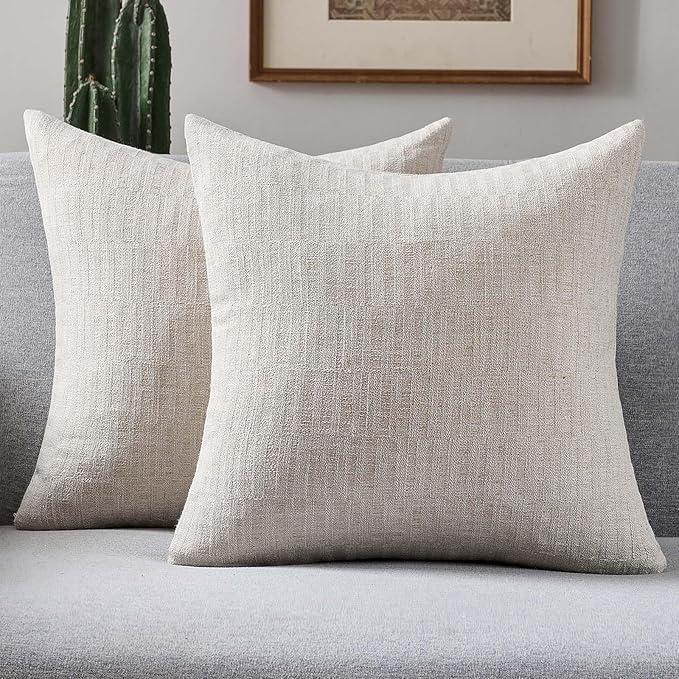 FUTEI Natural Decorative Throw Pillow Covers 18x18 Inch Set of 2,Soft Linen Slub Texture Cushion Case,Farmhouse Home Decor for Couch Bed Living Room