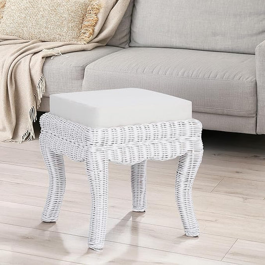 JONATHAN Y VSL1000D Rowan 19.7" Bohemian Designer Woven Rattan/Wood Ottoman Vanity Stool, White Cushion Seat with White Distressed Binded Base, for Living Room, Bedroom, Entryway, Foyer