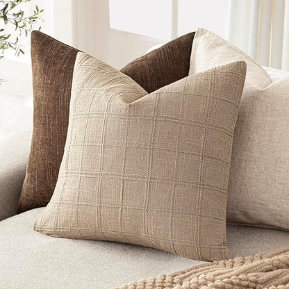 Foindtower Set of 2 Decorative Linen Check Throw Pillow Covers Neutral Farmhouse Vintage Cushion Covers Modern Coastal Boho Home Decor for Sofa Chair Couch Bedroom Living Room,22×22 Inch,Camel