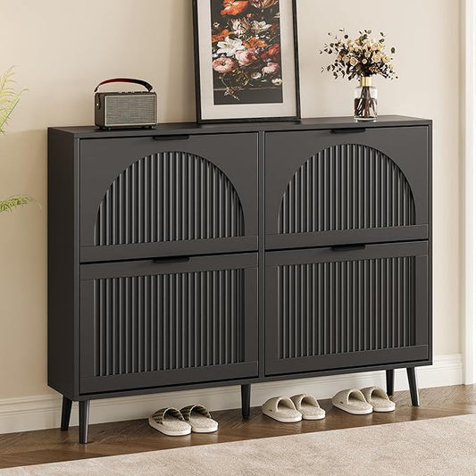 Shoe Cabinet for Entryway with 4 Flip Drawers, Slim Wooden Shoe Storage Organizer with Modern Fluted Pannel，Freestanding Narrow Hidden Shoe Rack for Hallway, Foyer, Living Room
