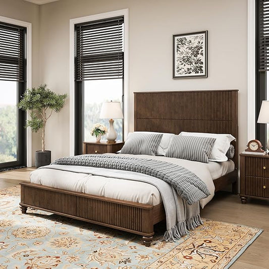 Queen Size Solid Wood Platform Bed Frame, Solid Wood Bed with 63.58" Headboard, Solid Wood Leg/No Box Spring Needed/Noise Free/Brown