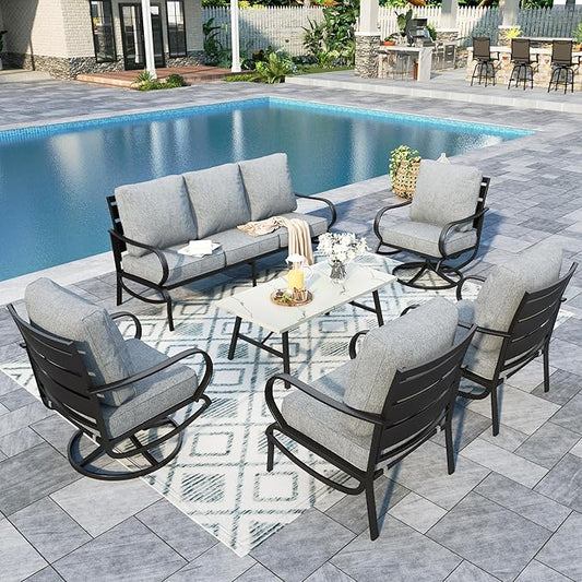 Sophia & William Patio Furniture Sets for 7 Outdoor Conversation Set 6 Pcs with 4 x Armrest Cushioned Sofa Chairs, 1 x 3-Seat Sofa, 1 Marbling Metal Coffee Table Garden Backyard Poolside Grey