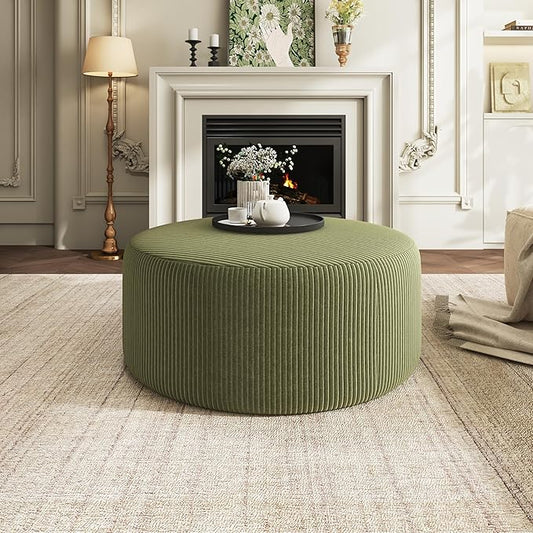 Christopher Knight Home GAVI Corduroy Ottoman Foot Stool, 30" Pouf Footstool Ottoman Seat, Upholstered Foot Chair, Round Footrest, Modern Side Table for Living Room Bedroom Home Decor, Olive Green
