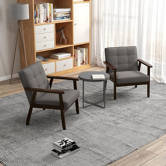 KCC Mid-Century Modern Linen Fabric Accent Chair Set of 2, Upholstered Tufted Leisure Chair Comfy Reading Side Chairs with Armrest and Solid Wood Frame for Living Room Bedroom Balcony(Gray)