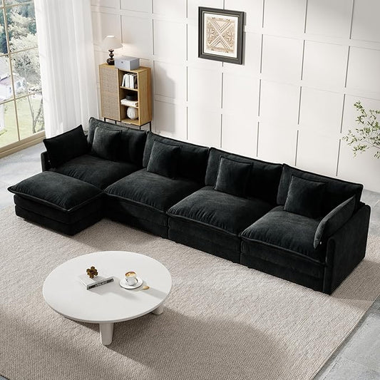 Modular Sectional Sofa, 146.5 Inch L-Shaped Cloud Sofa with Deep Seat Chenille Sofa with Cushions, Four Seater Sectional Sofa for Living Room Apartment,Black