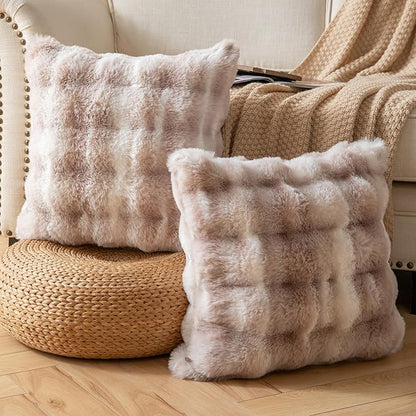 Pack of 2 Thick Plush Throw Pillow Covers Fluffy Wave Faux Fur Decorative Cushion Covers Soft Wool Pillowcase for Sofa Couch Livingroom 24x24 Inch White Taupe