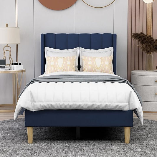 AGARTT Upholstered Platform Bed Frame Twin Size with Headboard and Footboard/Wooden Slats Support/No Box Spring Needed/Easy Assembly,Blue Velvet
